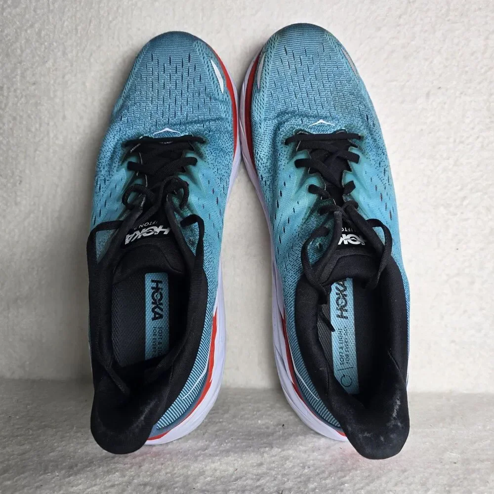 Hoka One Clifton Mens Size 12.5 D Blue Red Athletic Running Shoes Sneakers